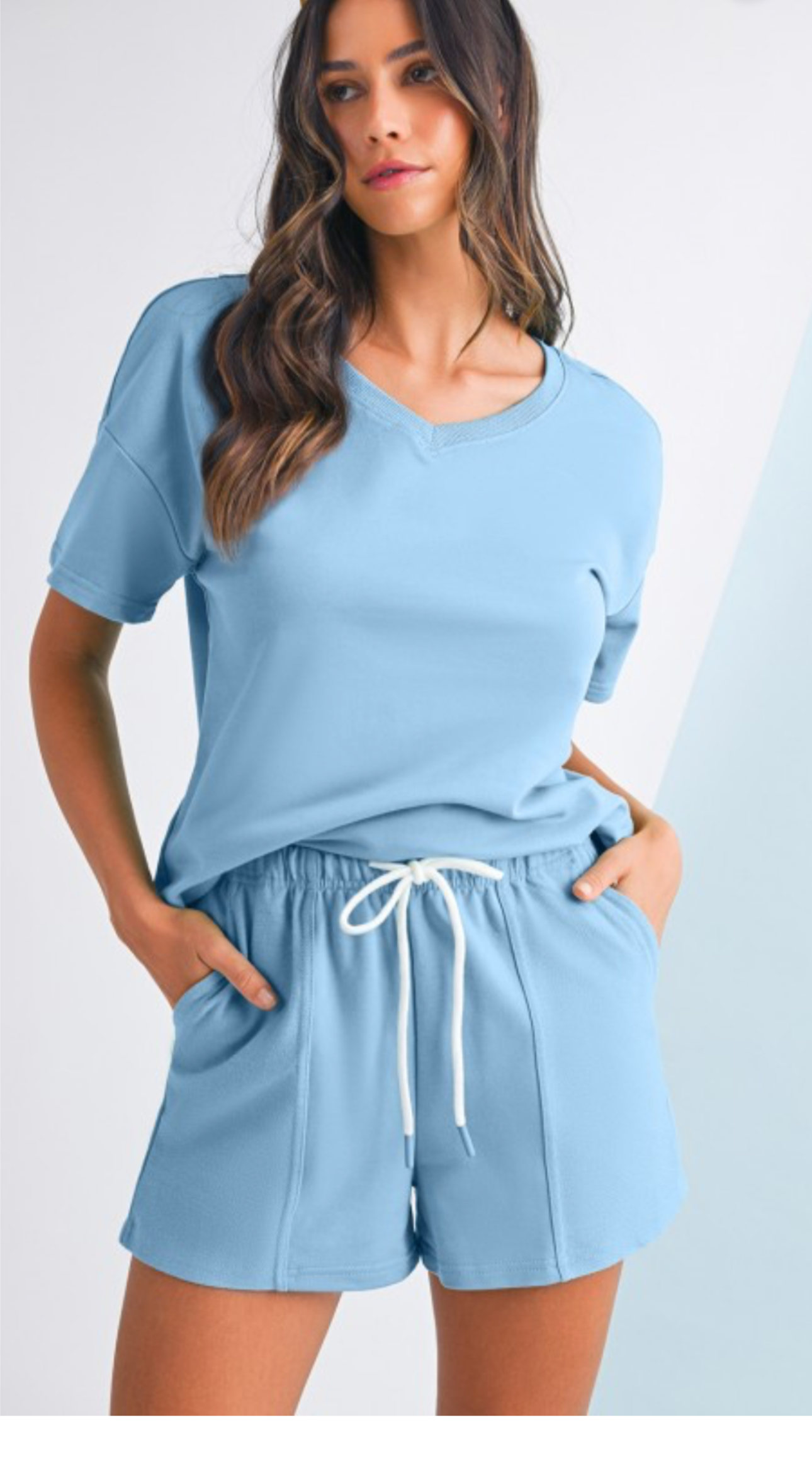 V Neck Patchwork Short Set (Blue)