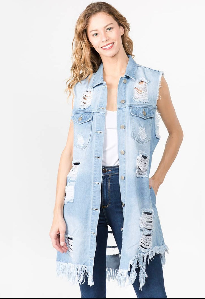 Denim Distressed Vest Jacket