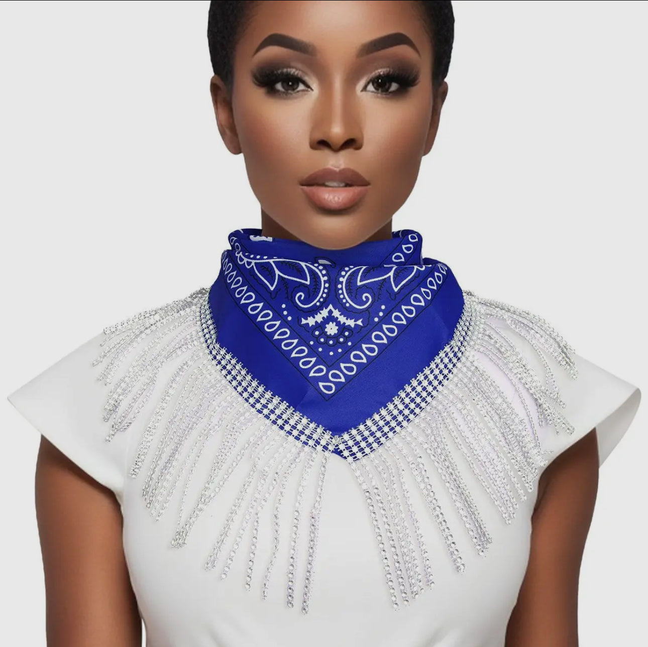 ZPB Blue and White Bandana Bling Fringe Necklace