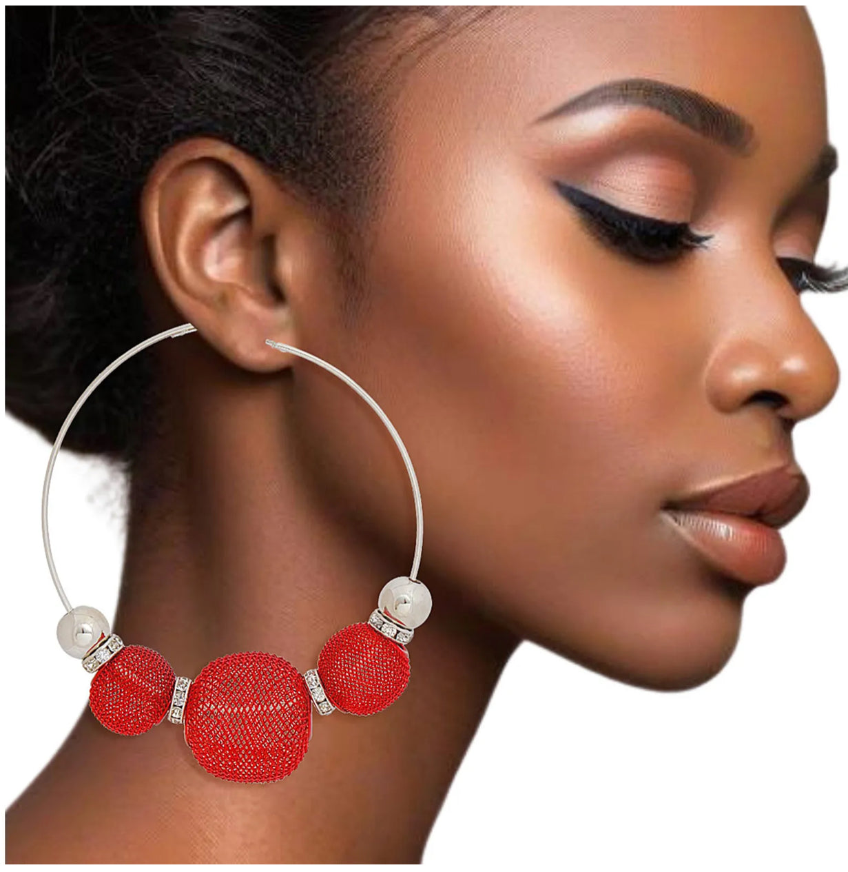 Red Mesh Silver Hoops