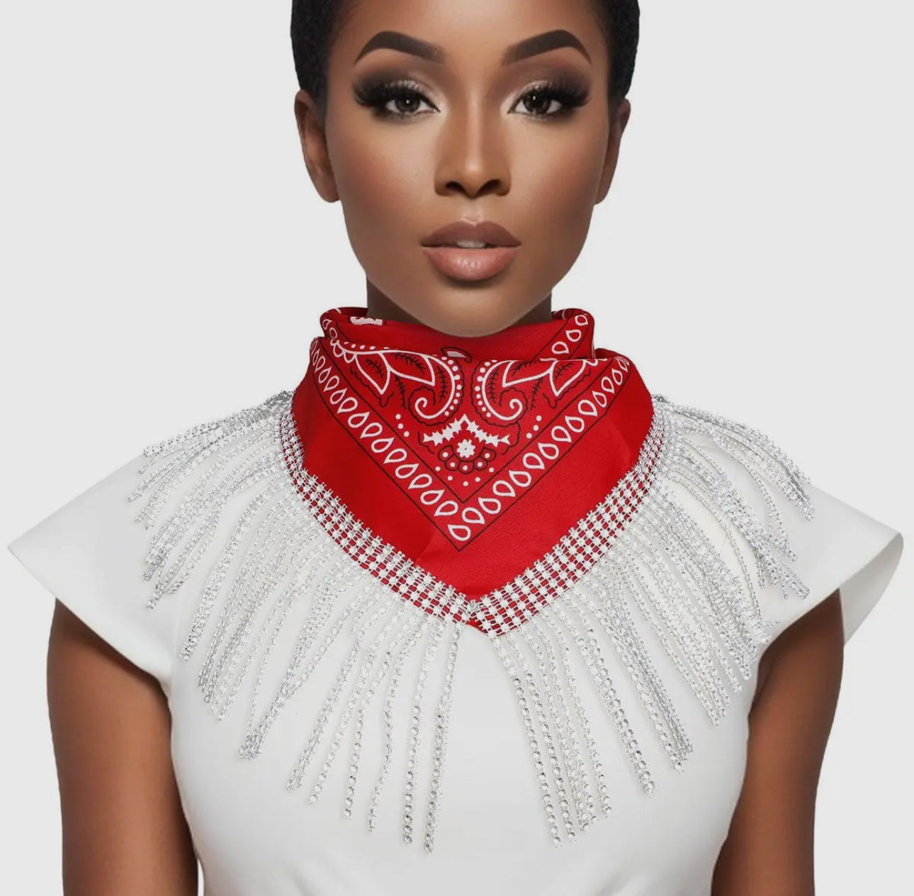 DST Red and White Bandana Bling Fringe Necklace
