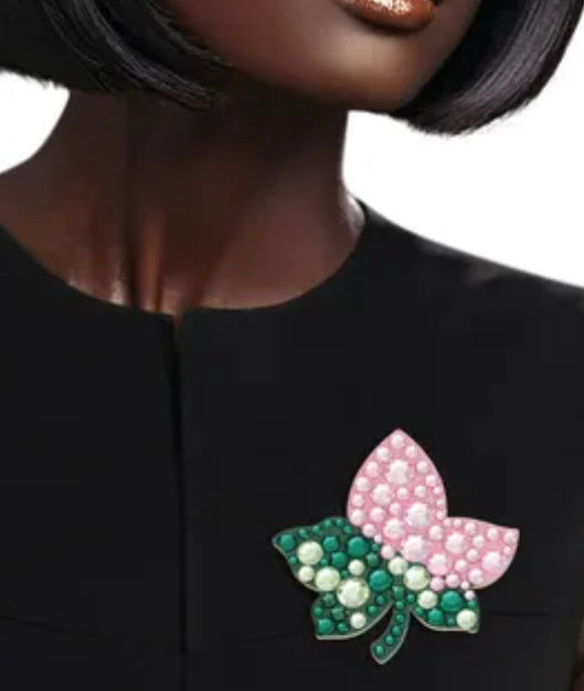 AKA Sorority Pink and Green Ivy Leaf Pearl Brooch