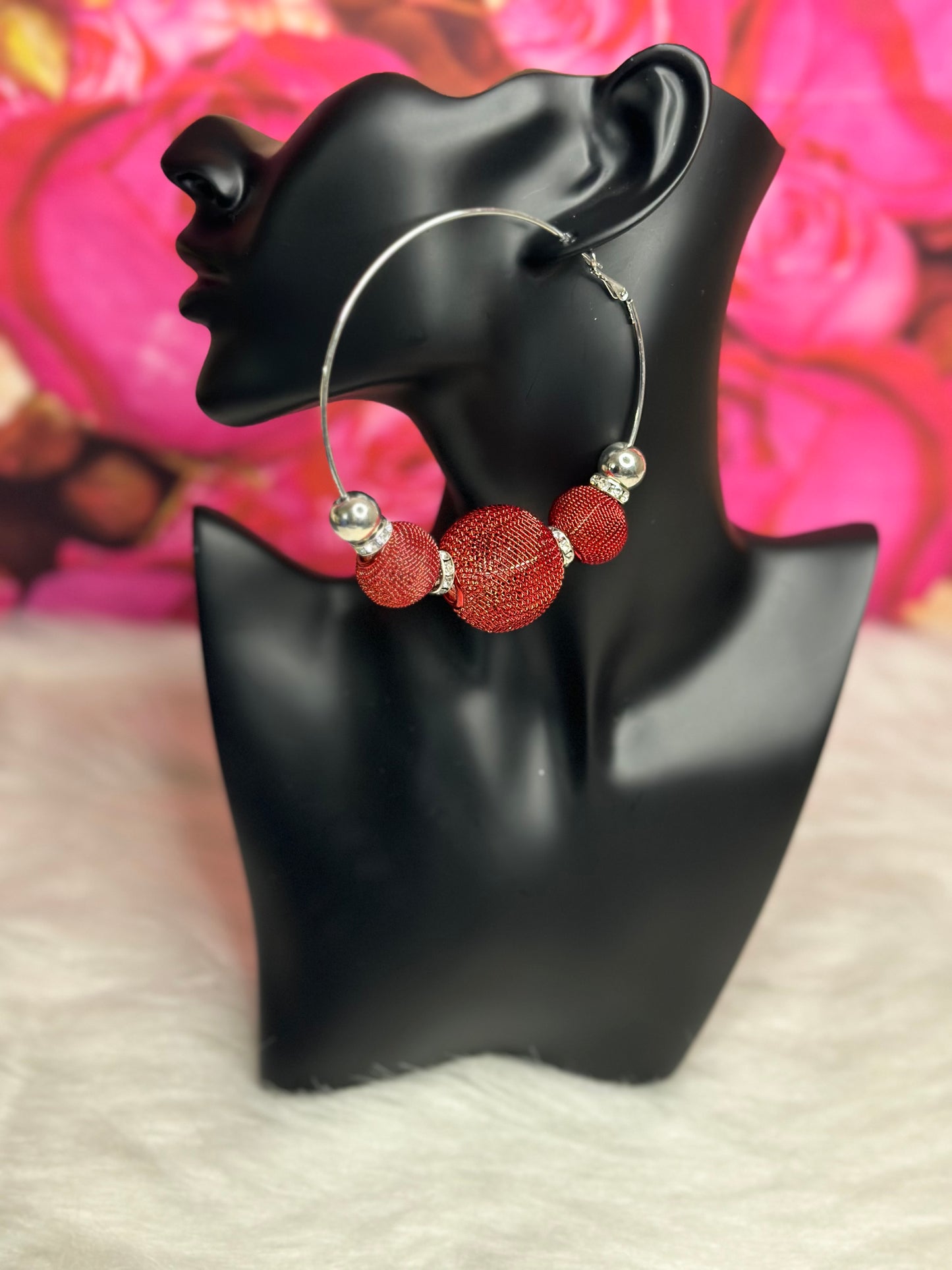 Red Mesh Silver Hoops