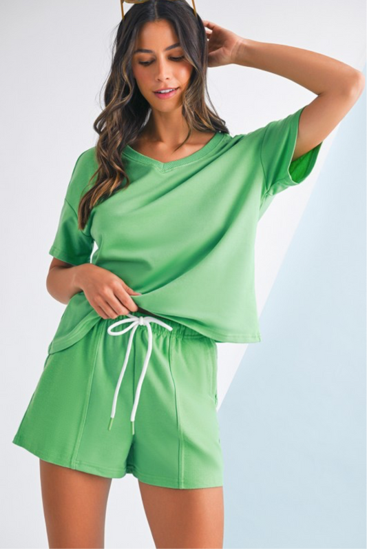V Neck Patchwork Short Set (Green)