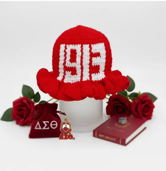 DST Sorority Red Crochet Ruffle 1913 Bucket Hat